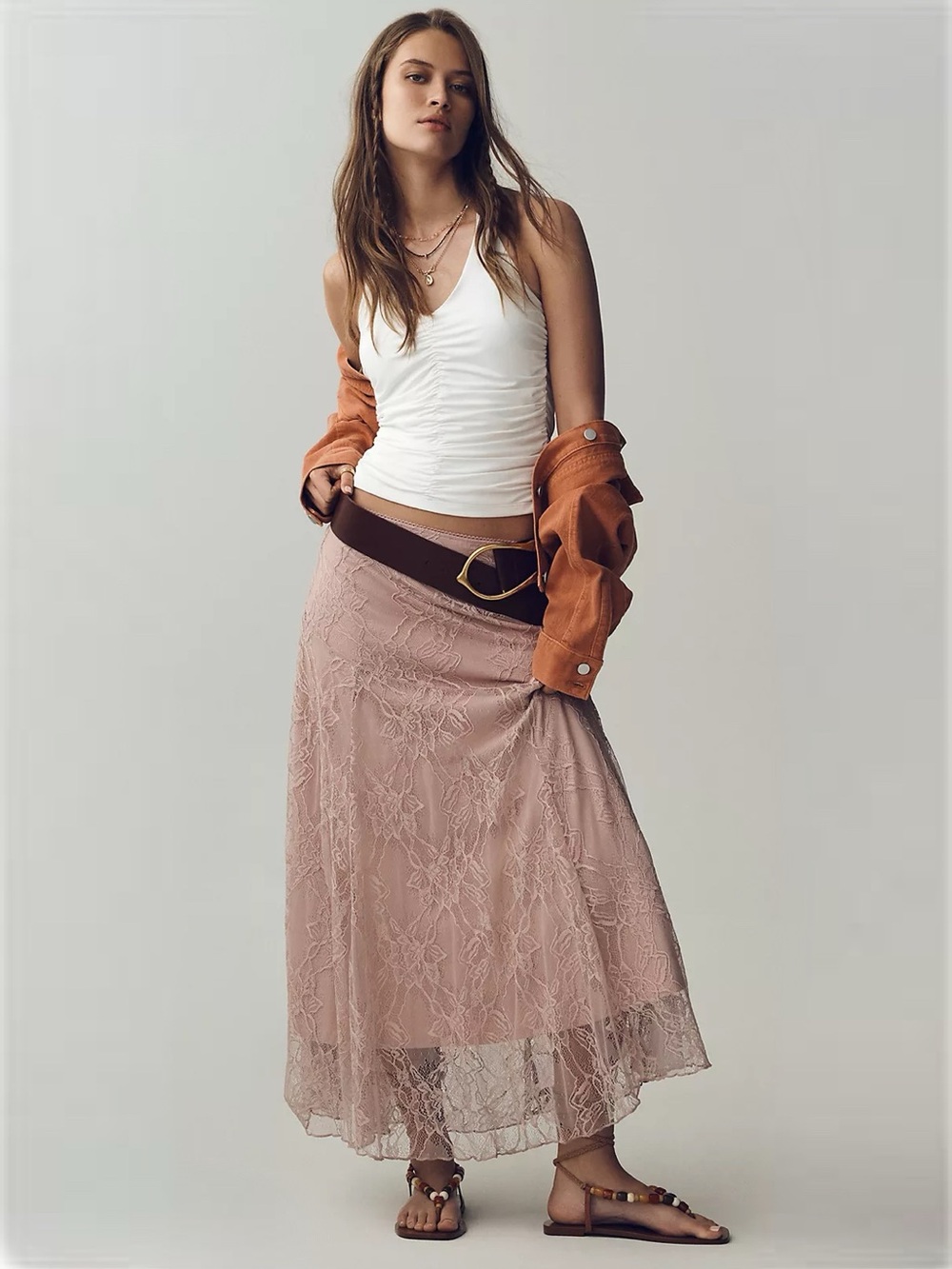 By Anthropologie Asymmetric Drop-Waist Lace Midi Skirt Abode Rose